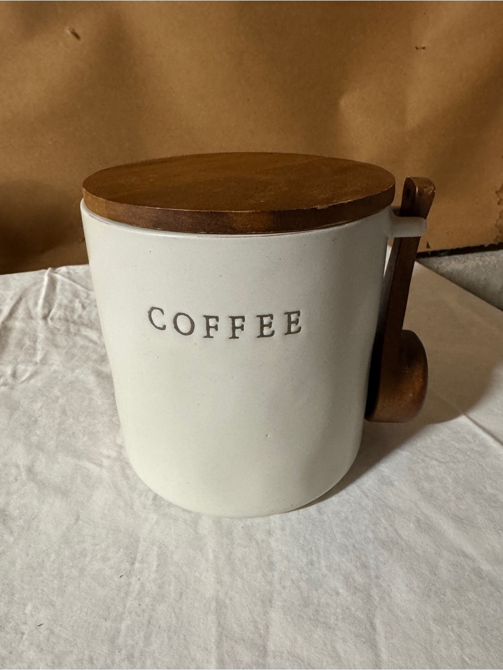 Rustic White Coffee Canister with Wooden Lid